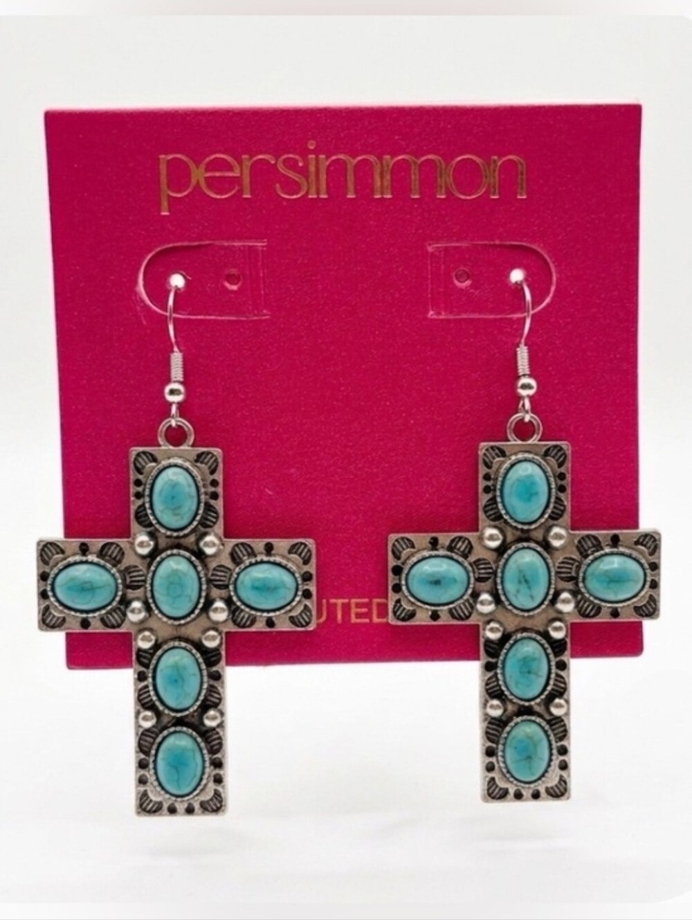💙▪️Persimmon▪️ Reconstituted  Turquoise Cross Dangle Earrings - Silver Tone